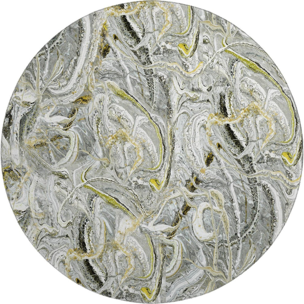 HomeRoots 8' Slate Gray and Gold Round Abstract Area Rug – Durable, Washable, Stylish for Indoor/Outdoor Spaces 643513