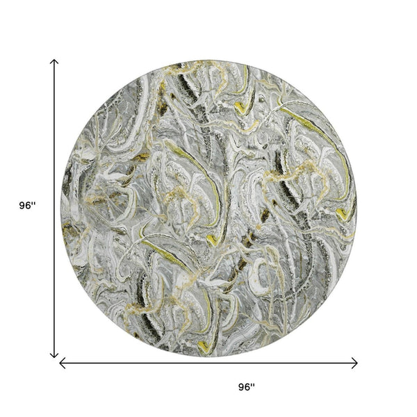 HomeRoots 8' Slate Gray and Gold Round Abstract Area Rug – Durable, Washable, Stylish for Indoor/Outdoor Spaces 643513