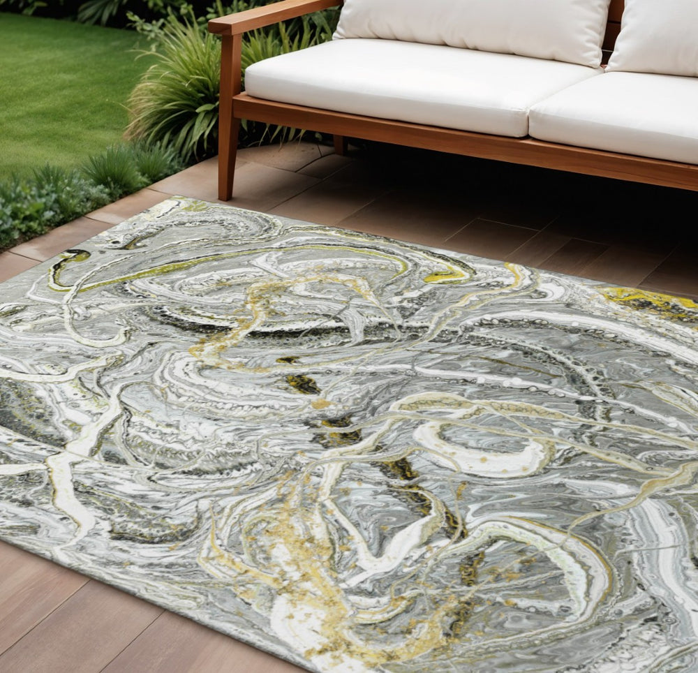 HomeRoots 10' X 14' Slate Gray and Gold Abstract Washable Rug – Stylish, Durable, Easy-Care for Indoor & Outdoor Use 643516