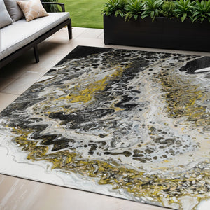 HomeRoots 5' Contemporary Abstract Black, Ivory & Gold Area Rug - Indoor/Outdoor, Washable, Durable Design 643518