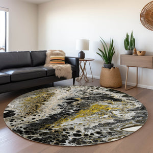 HomeRoots 8' Round Abstract Area Rug in Black, Ivory & Gold - Stylish, Washable, Durable for Indoor & Outdoor Use 643519