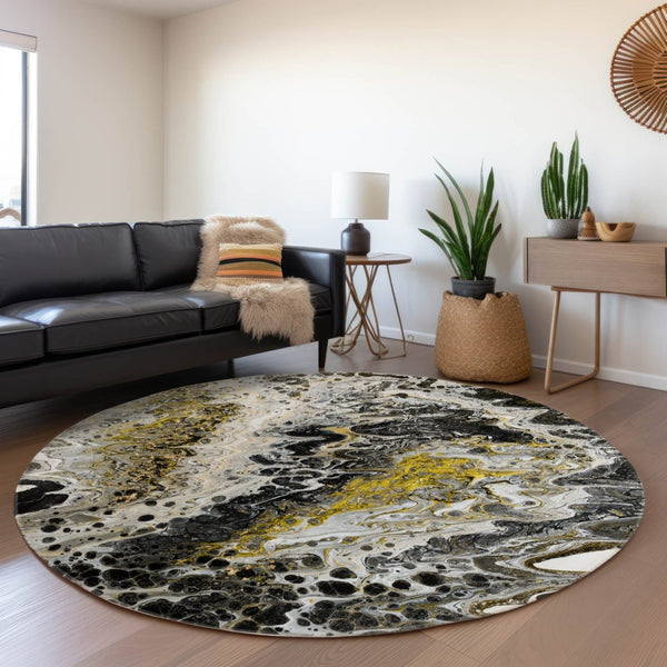 HomeRoots 8' Round Abstract Area Rug in Black, Ivory & Gold - Stylish, Washable, Durable for Indoor & Outdoor Use 643519