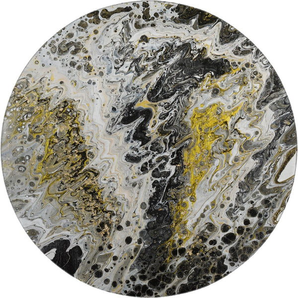 HomeRoots 8' Round Abstract Area Rug in Black, Ivory & Gold - Stylish, Washable, Durable for Indoor & Outdoor Use 643519