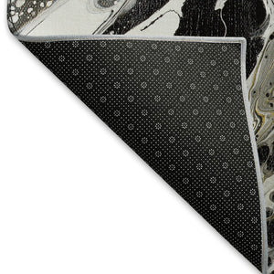 HomeRoots 8' Round Abstract Area Rug in Black, Ivory & Gold - Stylish, Washable, Durable for Indoor & Outdoor Use 643519