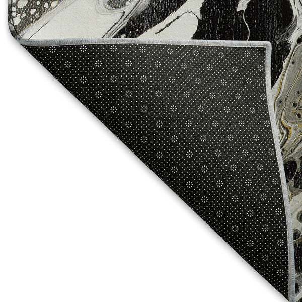 HomeRoots 8' Round Abstract Area Rug in Black, Ivory & Gold - Stylish, Washable, Durable for Indoor & Outdoor Use 643519