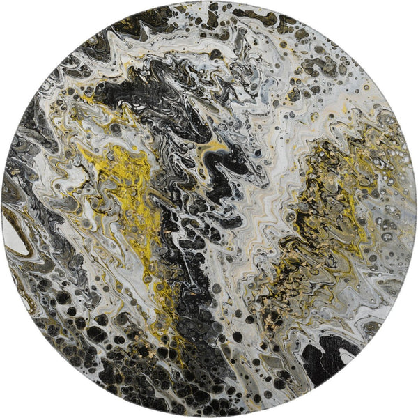 HomeRoots 8' Round Abstract Area Rug in Black, Ivory & Gold - Stylish, Washable, Durable for Indoor & Outdoor Use 643519