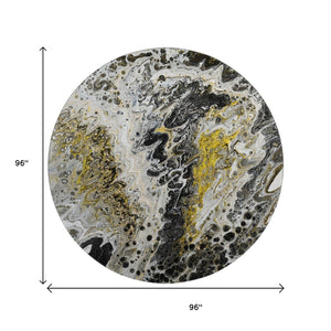 HomeRoots 8' Round Abstract Area Rug in Black, Ivory & Gold - Stylish, Washable, Durable for Indoor & Outdoor Use 643519