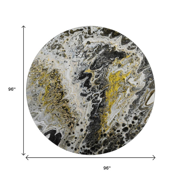 HomeRoots 8' Round Abstract Area Rug in Black, Ivory & Gold - Stylish, Washable, Durable for Indoor & Outdoor Use 643519