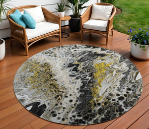 HomeRoots 8' Round Abstract Area Rug in Black, Ivory & Gold - Stylish, Washable, Durable for Indoor & Outdoor Use 643519