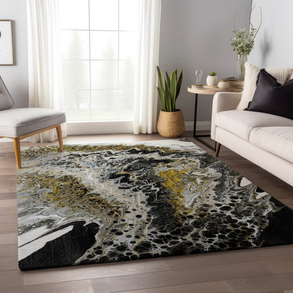 HomeRoots 10' Stylish Black, Ivory & Gold Abstract Area Rug - Durable, Washable for Indoor & Outdoor Use 643522