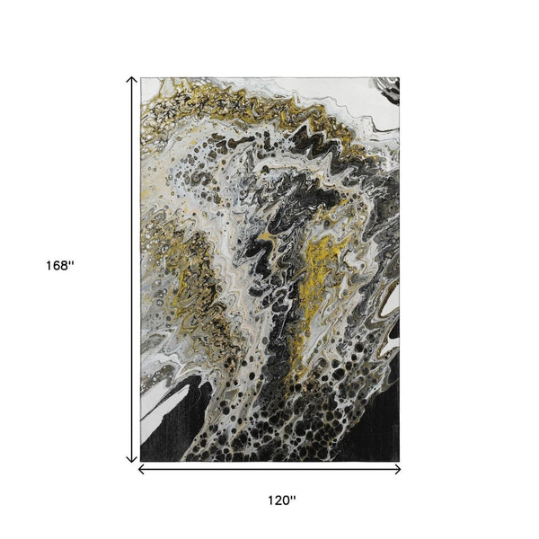 HomeRoots 10' Stylish Black, Ivory & Gold Abstract Area Rug - Durable, Washable for Indoor & Outdoor Use 643522