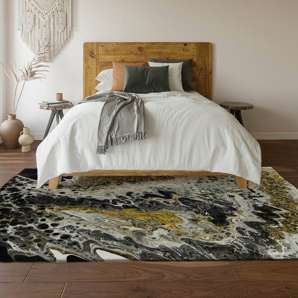 HomeRoots 10' Stylish Black, Ivory & Gold Abstract Area Rug - Durable, Washable for Indoor & Outdoor Use 643522