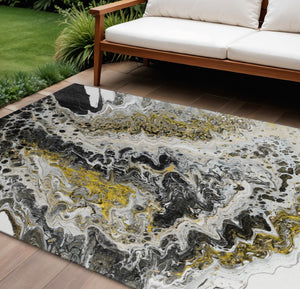HomeRoots 10' Stylish Black, Ivory & Gold Abstract Area Rug - Durable, Washable for Indoor & Outdoor Use 643522