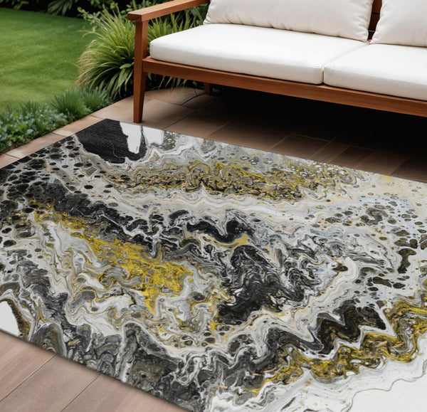 HomeRoots 10' Stylish Black, Ivory & Gold Abstract Area Rug - Durable, Washable for Indoor & Outdoor Use 643522