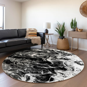 HomeRoots 8' Round Abstract Black and Ivory Washable Area Rug - Modern, Durable, Versatile for Indoor/Outdoor Use 643525