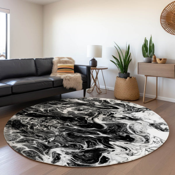 HomeRoots 8' Round Abstract Black and Ivory Washable Area Rug - Modern, Durable, Versatile for Indoor/Outdoor Use 643525