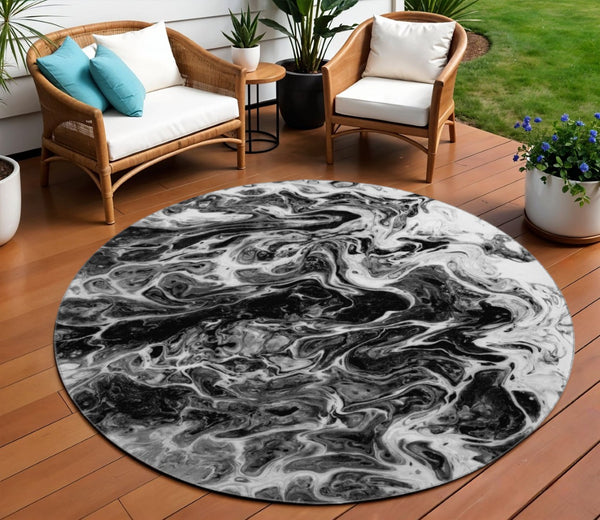 HomeRoots 8' Round Abstract Black and Ivory Washable Area Rug - Modern, Durable, Versatile for Indoor/Outdoor Use 643525