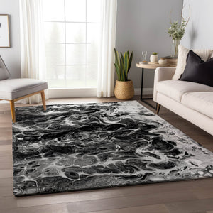 HomeRoots 10' X 14' Stylish Black and Ivory Abstract Rug - Washable, Durable, Indoor/Outdoor, Pet-Friendly Design 643528