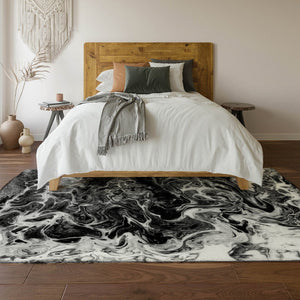 HomeRoots 10' X 14' Stylish Black and Ivory Abstract Rug - Washable, Durable, Indoor/Outdoor, Pet-Friendly Design 643528