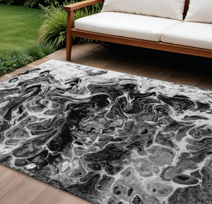 HomeRoots 10' X 14' Stylish Black and Ivory Abstract Rug - Washable, Durable, Indoor/Outdoor, Pet-Friendly Design 643528