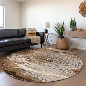 HomeRoots 8' Modern Abstract Round Area Rug in Beige, Ivory & Black - Washable, Durable for Indoor & Outdoor Use 643531
