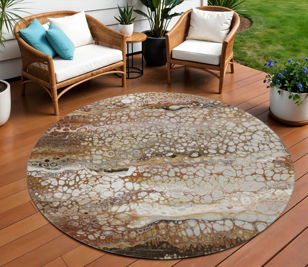 HomeRoots 8' Modern Abstract Round Area Rug in Beige, Ivory & Black - Washable, Durable for Indoor & Outdoor Use 643531