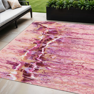 HomeRoots 5' X 8' Washable Raspberry Ivory Gold Abstract Area Rug - Modern Design for Indoor & Outdoor Spaces 643536