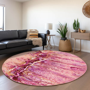 HomeRoots 8' Vibrant Raspberry Ivory Gold Round Abstract Rug - Stylish, Washable, Durable for Indoor & Outdoor Use 643537
