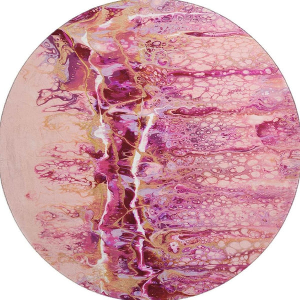 HomeRoots 8' Vibrant Raspberry Ivory Gold Round Abstract Rug - Stylish, Washable, Durable for Indoor & Outdoor Use 643537