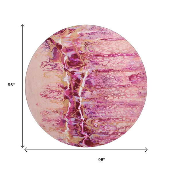 HomeRoots 8' Vibrant Raspberry Ivory Gold Round Abstract Rug - Stylish, Washable, Durable for Indoor & Outdoor Use 643537