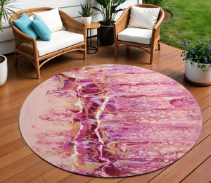 HomeRoots 8' Vibrant Raspberry Ivory Gold Round Abstract Rug - Stylish, Washable, Durable for Indoor & Outdoor Use 643537