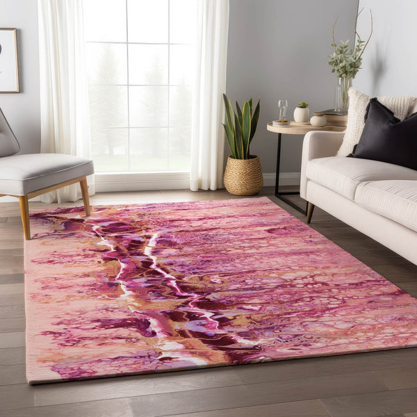 HomeRoots 8' X 10' Washable Abstract Area Rug in Raspberry, Ivory & Gold – Stylish for Indoor & Outdoor Use! 643538