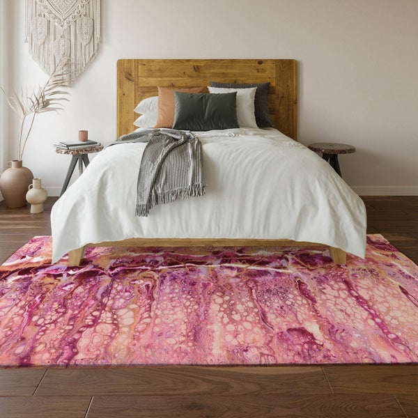 HomeRoots 8' X 10' Washable Abstract Area Rug in Raspberry, Ivory & Gold – Stylish for Indoor & Outdoor Use! 643538