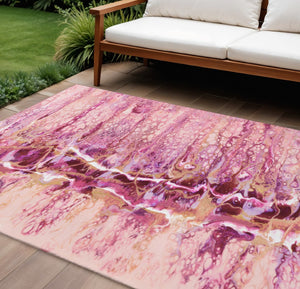 HomeRoots 10' X 14' Abstract Raspberry Ivory Gold Washable Rug - Stylish Indoor/Outdoor Decor for Any Space 643540