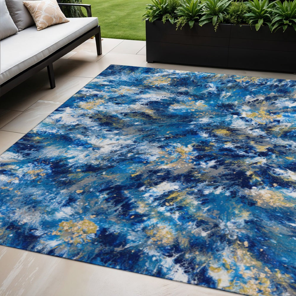 HomeRoots 5' X 8' Blue Ivory Gold Abstract Washable Area Rug – Stylish Indoor/Outdoor Accent for Any Space 643542