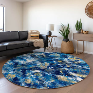 HomeRoots 8' Blue Ivory Gold Round Abstract Rug – Stylish, Washable Indoor/Outdoor Area Rug for High-Traffic Spaces 643543