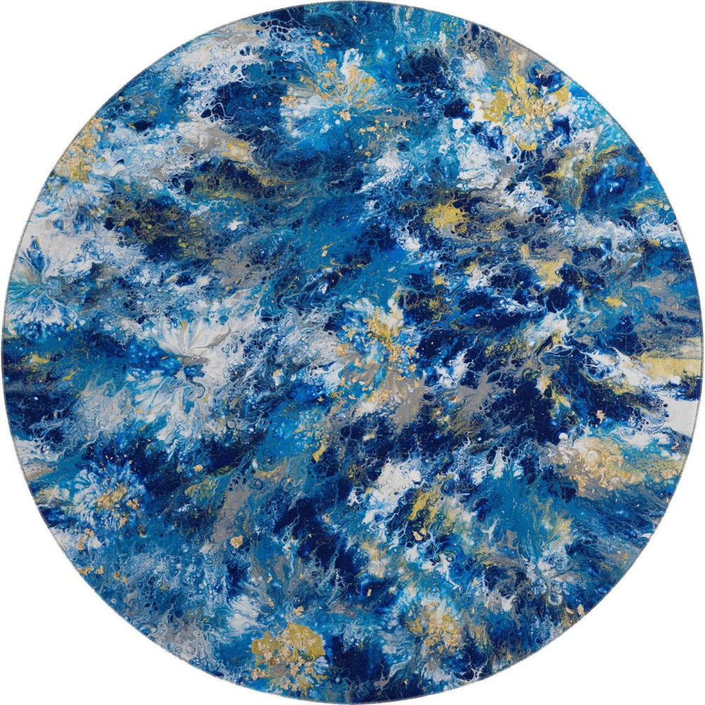 HomeRoots 8' Blue Ivory Gold Round Abstract Rug – Stylish, Washable Indoor/Outdoor Area Rug for High-Traffic Spaces 643543