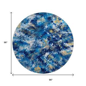 HomeRoots 8' Blue Ivory Gold Round Abstract Rug – Stylish, Washable Indoor/Outdoor Area Rug for High-Traffic Spaces 643543