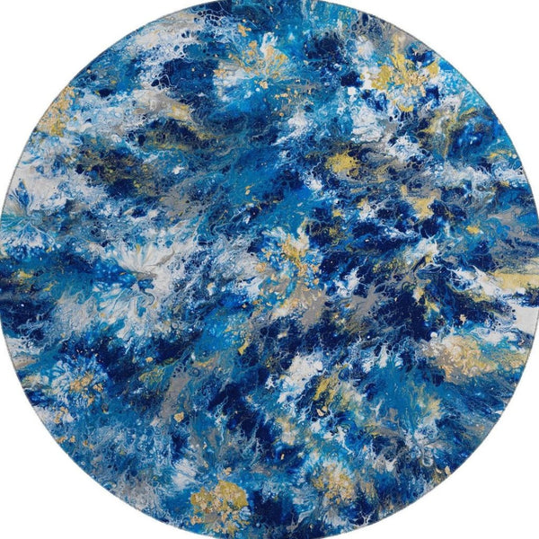 HomeRoots 8' Blue Ivory Gold Round Abstract Rug – Stylish, Washable Indoor/Outdoor Area Rug for High-Traffic Spaces 643543