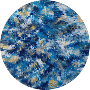 HomeRoots 8' Blue Ivory Gold Round Abstract Rug – Stylish, Washable Indoor/Outdoor Area Rug for High-Traffic Spaces 643543