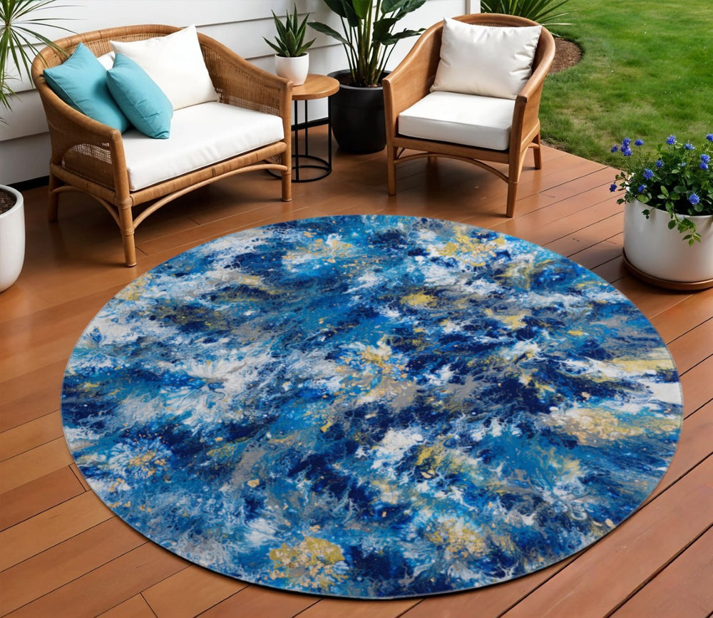 HomeRoots 8' Blue Ivory Gold Round Abstract Rug – Stylish, Washable Indoor/Outdoor Area Rug for High-Traffic Spaces 643543