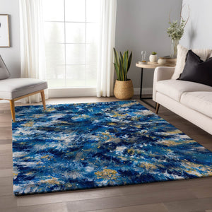 HomeRoots 9' X 12' Stylish Blue, Ivory & Gold Abstract Indoor/Outdoor Area Rug - Durable, Washable & Chic Design 643545