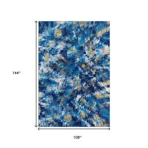 HomeRoots 9' X 12' Stylish Blue, Ivory & Gold Abstract Indoor/Outdoor Area Rug - Durable, Washable & Chic Design 643545