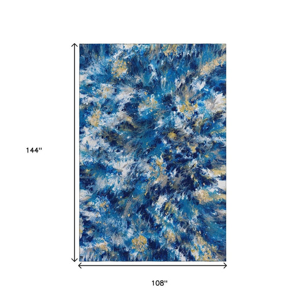 HomeRoots 9' X 12' Stylish Blue, Ivory & Gold Abstract Indoor/Outdoor Area Rug - Durable, Washable & Chic Design 643545