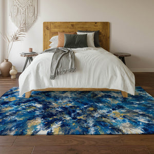 HomeRoots 9' X 12' Stylish Blue, Ivory & Gold Abstract Indoor/Outdoor Area Rug - Durable, Washable & Chic Design 643545