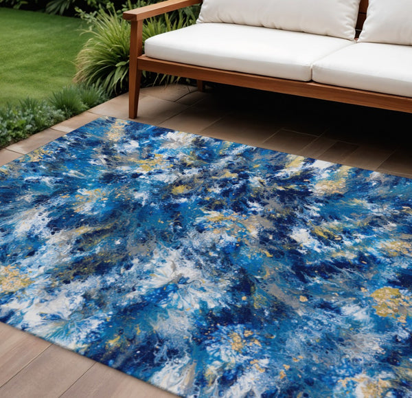 HomeRoots 9' X 12' Stylish Blue, Ivory & Gold Abstract Indoor/Outdoor Area Rug - Durable, Washable & Chic Design 643545