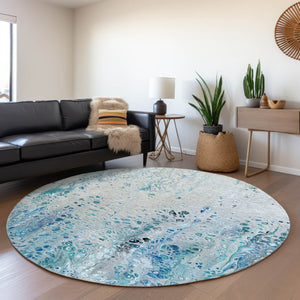 HomeRoots 8' Light Blue and Ivory Round Area Rug - Durable Abstract Design, Washable for Indoor & Outdoor Use 643549