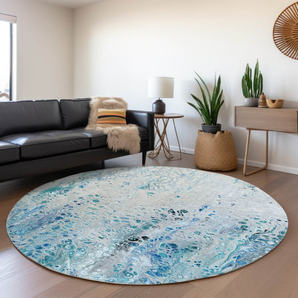 HomeRoots 8' Light Blue and Ivory Round Area Rug - Durable Abstract Design, Washable for Indoor & Outdoor Use 643549