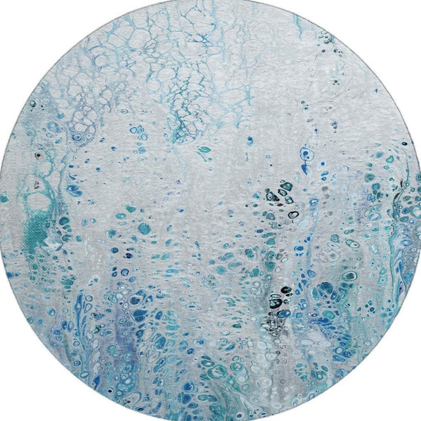 HomeRoots 8' Light Blue and Ivory Round Area Rug - Durable Abstract Design, Washable for Indoor & Outdoor Use 643549