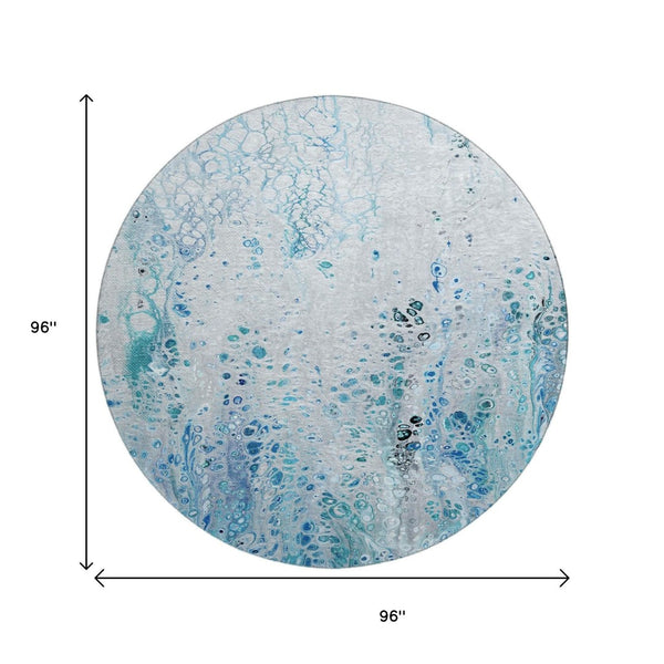 HomeRoots 8' Light Blue and Ivory Round Area Rug - Durable Abstract Design, Washable for Indoor & Outdoor Use 643549